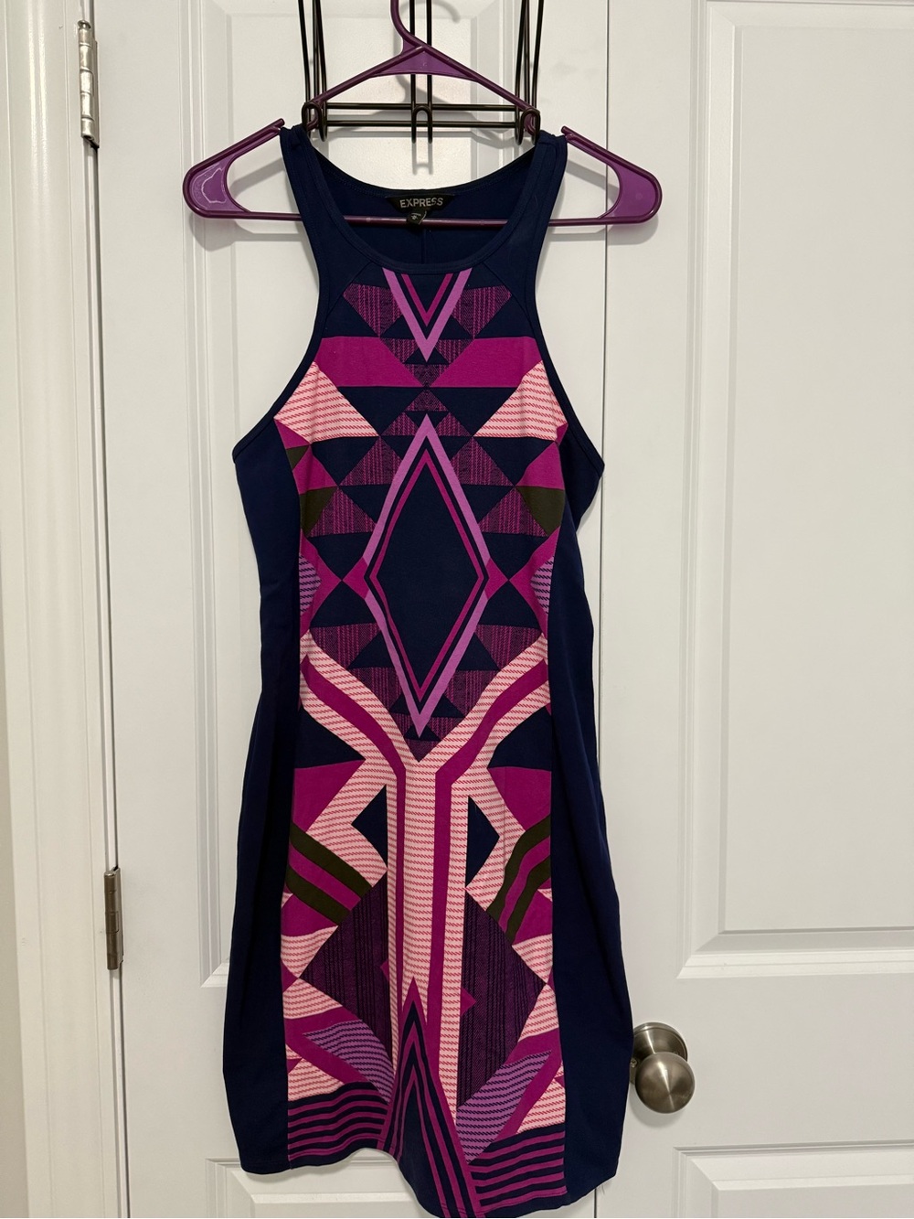 Express Navy & Pink Geometric Racerback Mini Dress